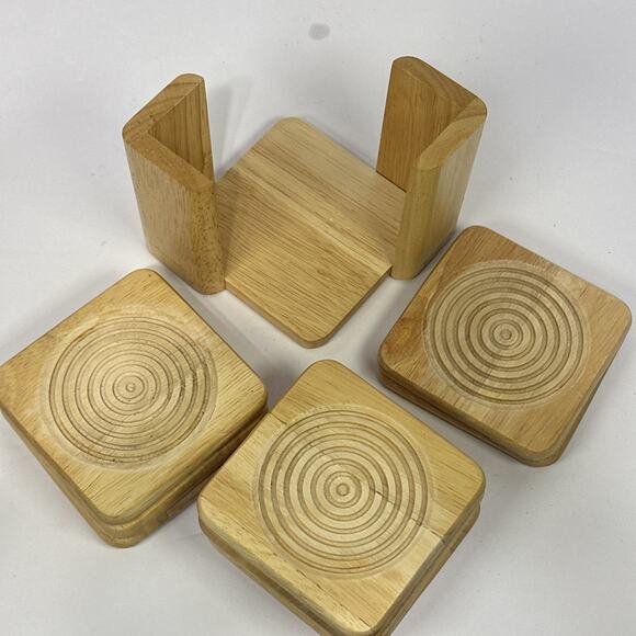 Set of 8 Wooden Drink Coasters with Holder Engraved Circles Rustic Decor - Picture 8 of 9